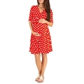 Red maternity dress with white polka dots featuring a V-neck and adjustable waist tie - L / Red with White Polka Dots