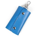 Compact blue genuine leather key pouch featuring a metal snap button and top hanging hook - Blue