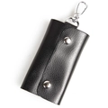 Classic black genuine leather key case with silver metal clip and dual snap fasteners - Black