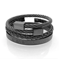 Three-piece black stainless steel cable cuff bracelet set with Roman numeral engraving - Square Head Black Set