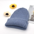 Morandi grey-blue knitted beanie for winter with wide cuff and sunflower decoration - Light Blue