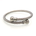 Silver stainless steel twisted cable cuff bracelet with smooth round metal end caps - Hex Head Bangle Silver