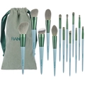 14-delige make-up borstelset met groene metalen hulzen, blauwe handgrepen en etui - Blauw Met Stoffen Tas (Met Logo)