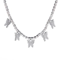 Silver-colored tennis choker necklace featuring five sparkling rhinestone butterfly pendants - Silver 5 Butterflies Style