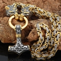 Two-tone stainless steel Viking necklace featuring a Mjolnir pendant and wolf head ring - Necklace / Gold