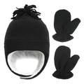 Kids black fleece trapper hat and mittens set with warm white faux lamb wool lining - Black