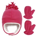Winter fleece hat and gloves set for kids with ear protection in deep pink color - Rose Red