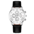 YOLAKO men's quartz watch with white dial, silver steel case and black leather strap - White Dial Silver Case Black Strap