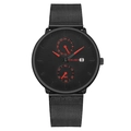 Men's minimalist black quartz wristwatch with red hands and Milanese mesh strap - Red Hands Black Dial Black Case Black Band