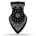 Detail of ear-loop face mask showing white paisley print on black stretch fabric - Black Base White Paisley (SJJ-05)