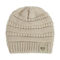 Macro detail of beige knit baby hat featuring horizontal wave texture and leather MOK label - Beige