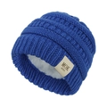 Detailed view of dark blue knit baby hat with soft white fleece lining and MOK label - Fleece Lined MOK / Sapphire Blue