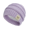 Purple knit baby hat with warm white fleece lining and MOK KIDS tag on a plain background - Fleece Lined MOK / Purple