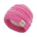 Detail of pink knitted baby beanie with warm white fleece lining and MOK label - Fleece Lined MOK / Rose White