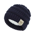 Detail of navy knit baby hat showing thick white fleece lining and MOK label - Fleece Lined MOK / Navy Blue