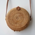 Handcrafted round rattan crossbody bag in natural finish with brown leather strap - Plain Woven / Natural-Small Round
