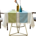 Waterproof faux linen tablecloth featuring beige green blue stripes and elegant fringe trim - 90*90cm / Blue-Green Stripes (Waterproof Field Story)