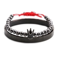 Men's matte black Roman numeral cuff bracelet and crown bead strand jewelry set - Gunmetal