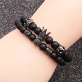 Matte black stone bead bracelet set with crown charms and micro-pave zircon balls - Set of 2 / Black Zirconia Set