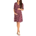 Short sleeve V-neck maternity dress in burgundy with white polka dots and high waist tie - L / Wine Red with White Polka Dots
