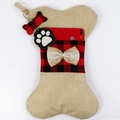 Hundeknochen-Weihnachtsstrumpf aus Sackleinen mit rot-schwarzer Karo-Tasche und Schleife - Leinen Knochen Socke