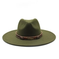 Detail of olive green wool fedora featuring a woven brown band and gold feather pin - M (56-59cm) / Army Green