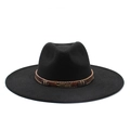 Close-up of black wool fedora featuring a woven brown band and golden feather detail - M (56-59cm) / Black