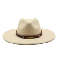 Classic beige wide-brim fedora hat with a dark braided band and gold feather accent - M (56-59cm) / Beige