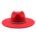 Detailed view of red wide-brim fedora hat with unique colorful beaded decorative band - M (56-59cm) / Red