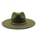 Olive green wide brim fedora hat with bohemian beaded band on a white background - M / 56-59cm / Army Green