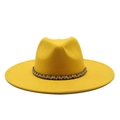 Bright yellow wide brim wool felt fedora hat featuring an ethnic beaded woven band - M (56-59cm) / Yellow