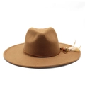 Detail of flat brim fedora with leather cord, wooden beads and feather decoration - M (56-59cm) / Khaki