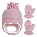 Roze fleece winterset met muts en wanten en zachte pluche voering voor baby meisjes - L (4-6 jaar) / Roze
