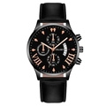 Men's fashion quartz watch with black leather strap and three-dial rose gold calendar - Black Dial Black Case Black Strap