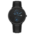 YOLAKO Men's Fashion Quartz Watch with Blue Hands and Black Leather Strap on White Background - Blue Hands Black Dial Black Case Black Band