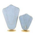 Velvet jewelry display stand set in light blue with gold metal frame base for necklaces - Small / Light Blue with Gold Trim