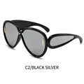 C2 black silver large frame sunglasses with mercury lenses and gold metal side accents - Black Frame Silver Mirror Lens