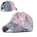 Detail showing high ponytail hole and metal buckle on tie-dye cotton sun visor cap - Tie-Dye Pink/Grey/Blue (Light Pink)