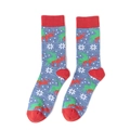 Détails des chaussettes de Noël bleues avec des motifs festifs de rennes et de flocons - Taille unique / Bleu