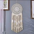 Detail of bohemian dream catcher with white feathers, cotton tassels and wooden beads - Beige Dreamcatcher