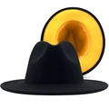 Klassieke wollen fedora hoed in zwart en geel met een brede rand voor damesmode - Maat M (56-58cm) / Zwart (Gele Binnenkant)