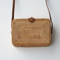 Rectangular rattan woven shoulder bag with brown leather clasp and long strap - Cross / Natural-Small Square