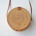 Handcrafted round rattan crossbody bag in light natural wood color with brown leather strap - Natural-Plain Leather Buckle