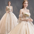 Detail of champagne bridal gown with floral lace embroidery and detachable puff sleeves - US 26W / Champagne (Floor Length)