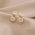 Elegant gold earrings with round cat-eye stone charms on beige satin background - E2855/Double Ring Round