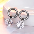 Pendientes modernos en metal oscuro con pavé de circonitas y cristal redondo - Negro