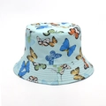 Close-up of light blue bucket hat featuring colorful butterfly prints and stitched brim - M (56-58cm) / Light Blue