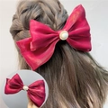 Elegant wine red satin double layered bow hair clip with faux pearl center ornament - Spring Clips / Burgundy