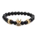 Men's matte black beaded bracelet set featuring gold crown accents and black zircons - Gold Crown