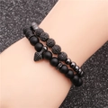 Conjunto de pulseras de doble capa de cuentas de piedra negra mate con bola de circón y flecha - Juego de Pulsera de Piedra Mate de Circonita Negra